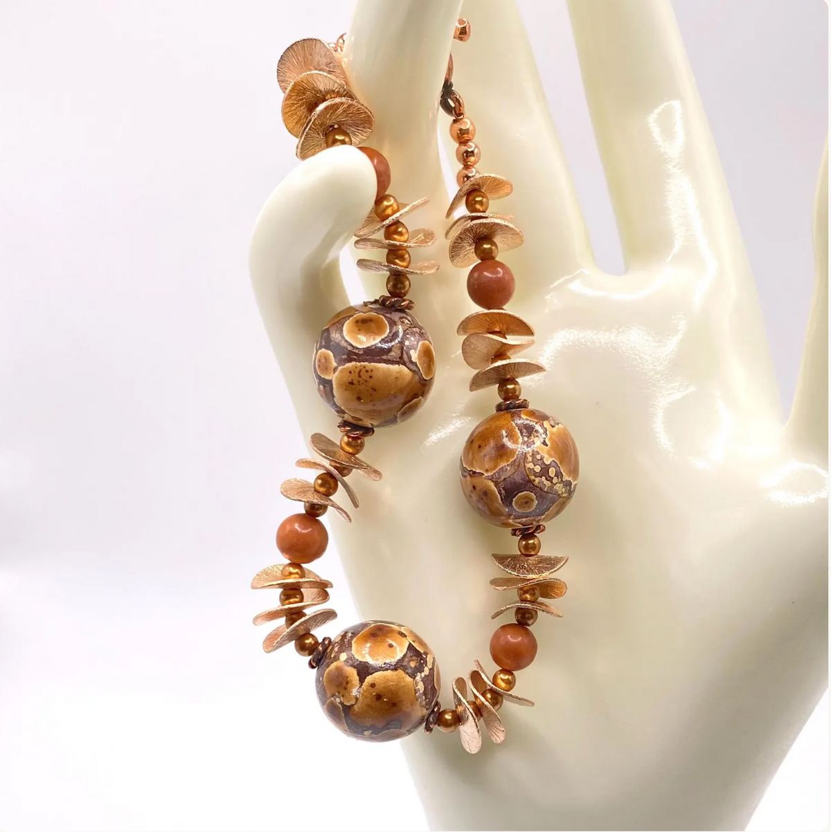Spotted Drum Wood & Red Jasper Jewelry Set with Copper Disks: Choose Earrings, Bracelet, Necklace, or Entire Set
