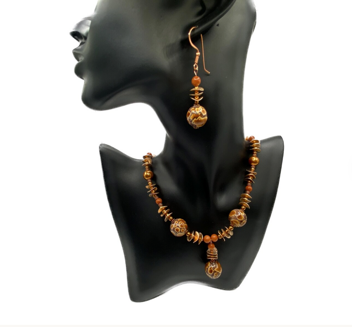 Spotted Drum Wood & Red Jasper Jewelry Set with Copper Disks: Choose Earrings, Bracelet, Necklace, or Entire Set