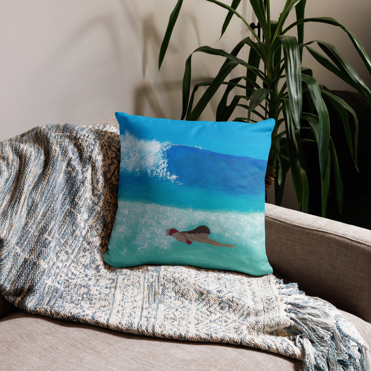 Bodysurfing Girl Ocean Pillow - Coastal Beach House Decor