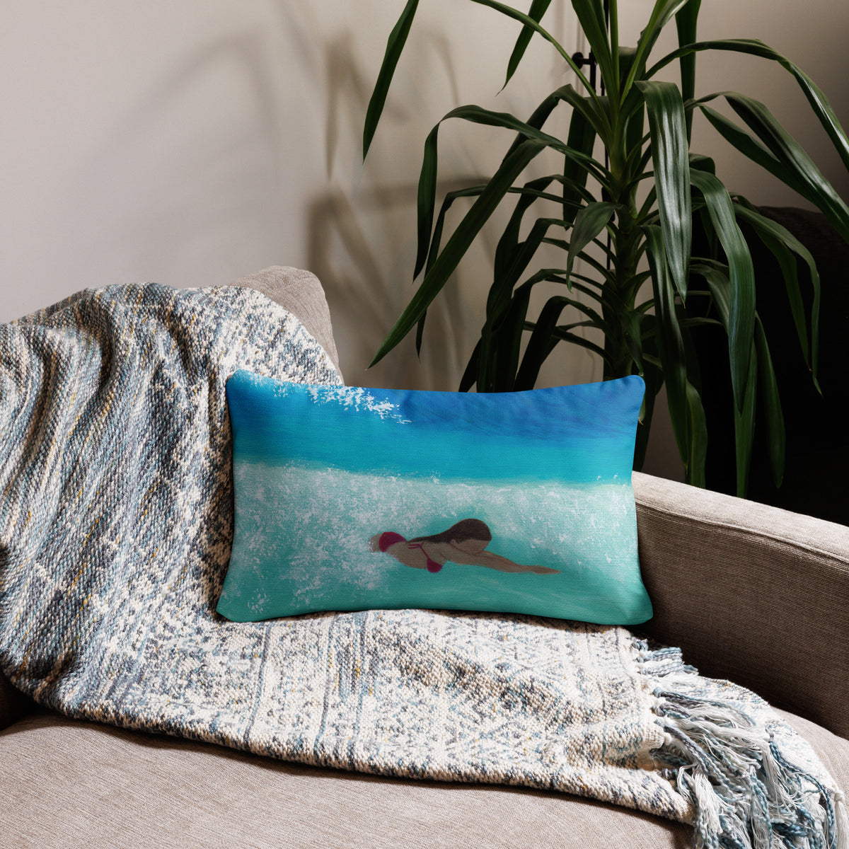 Bodysurfing Girl Ocean Pillow - Coastal Beach House Decor