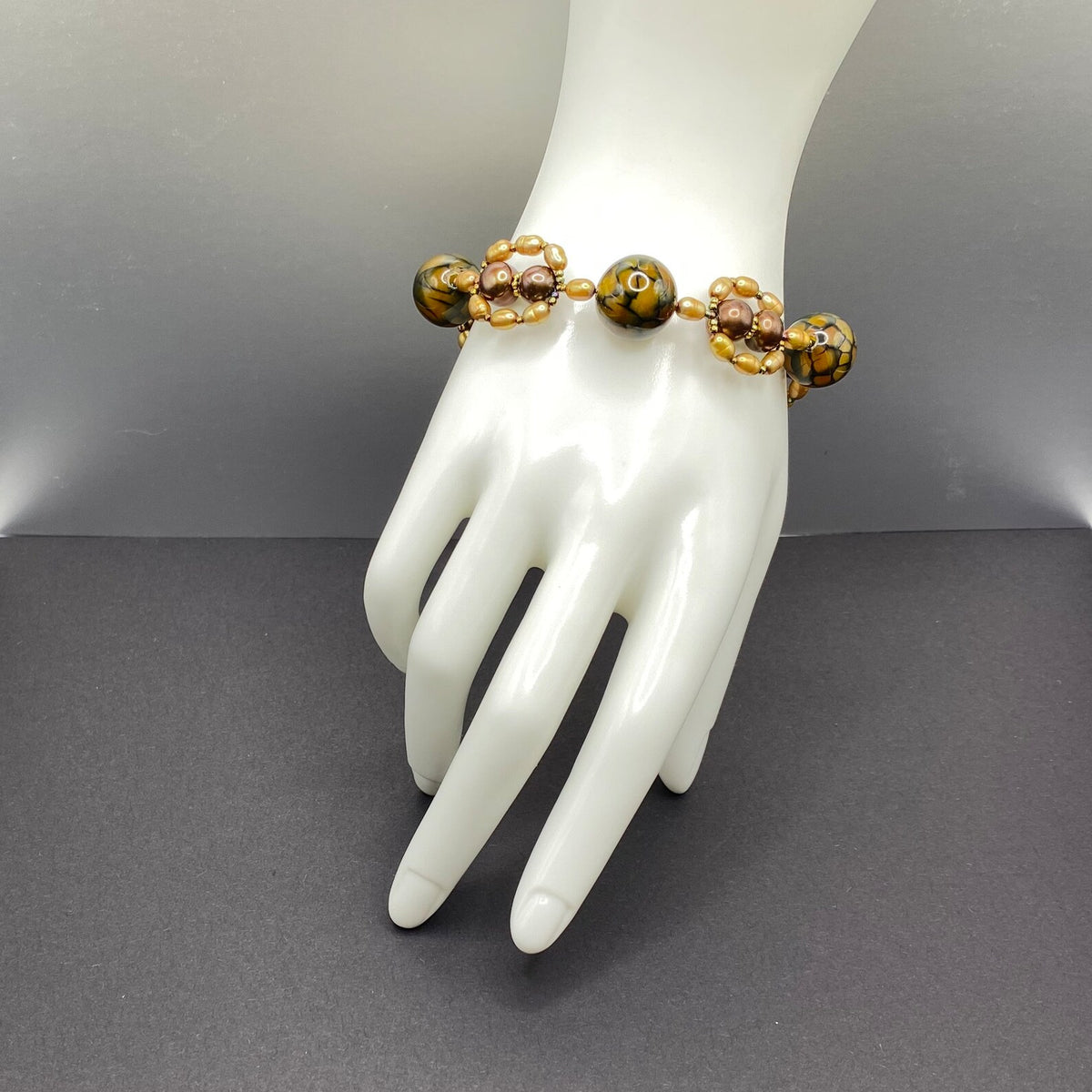 Brown and Gold Snake Agate and Pearl Beaded Bracelet