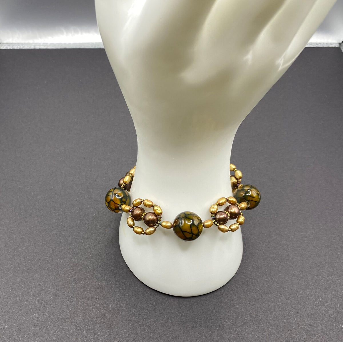 Brown and Gold Snake Agate and Pearl Beaded Bracelet
