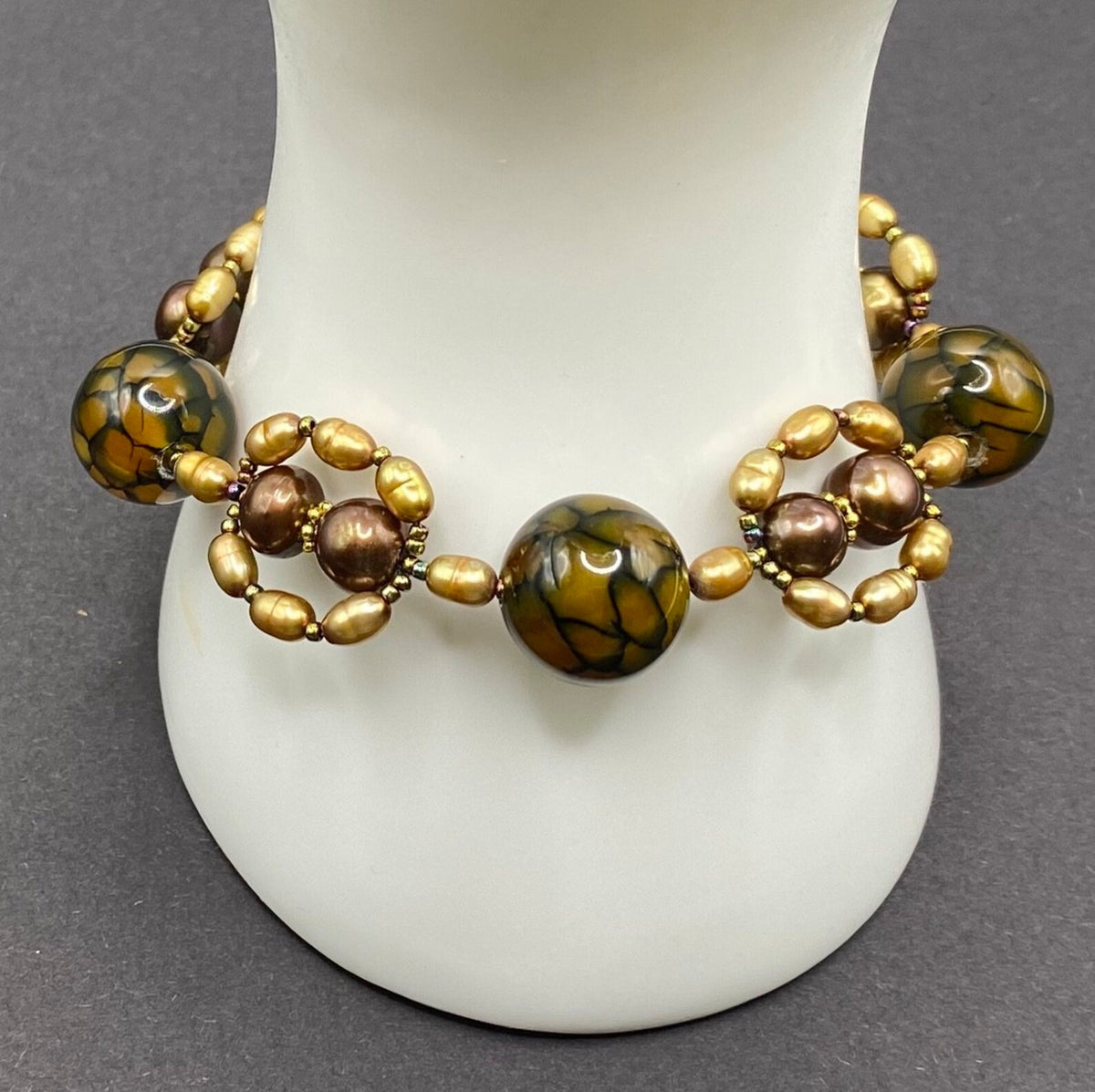 Brown and Gold Snake Agate and Pearl Beaded Bracelet