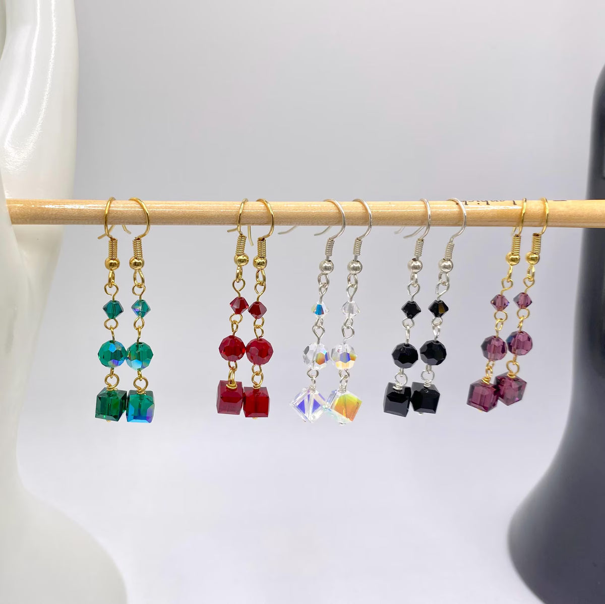 Cube Swarovski Crystal Earrings - Red, Green, Black, or Purple