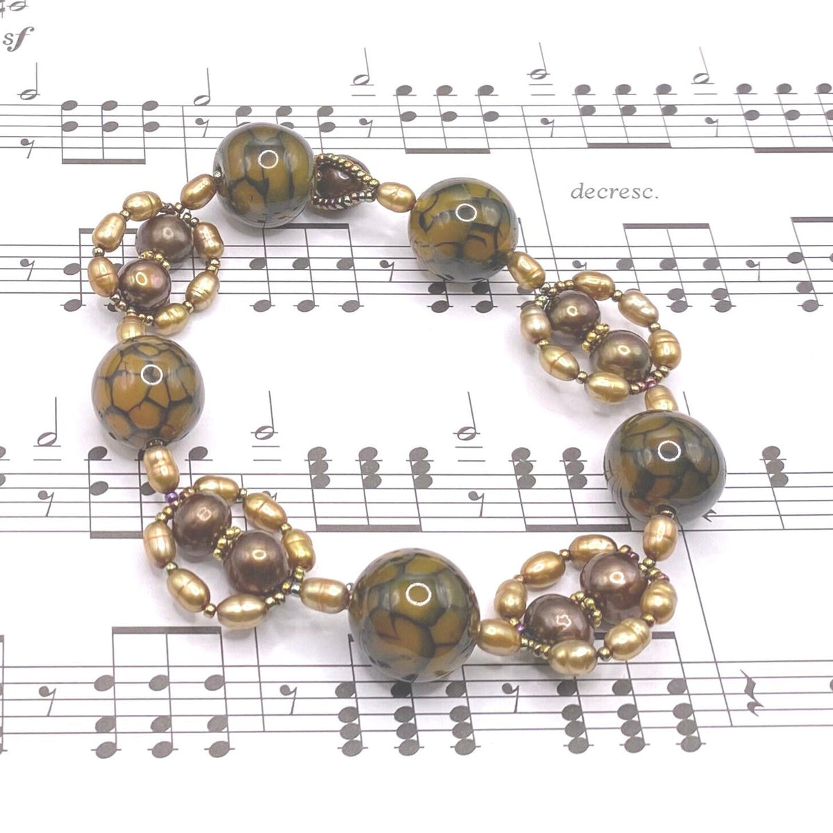Brown and Gold Snake Agate and Pearl Beaded Bracelet