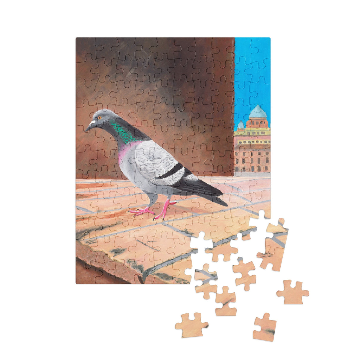 A nearly completed 100 piece jigsaw puzzle showing a pigeon perched on a wall with a city building in the background, displayed on a white background with several loose puzzle pieces floating to the right.