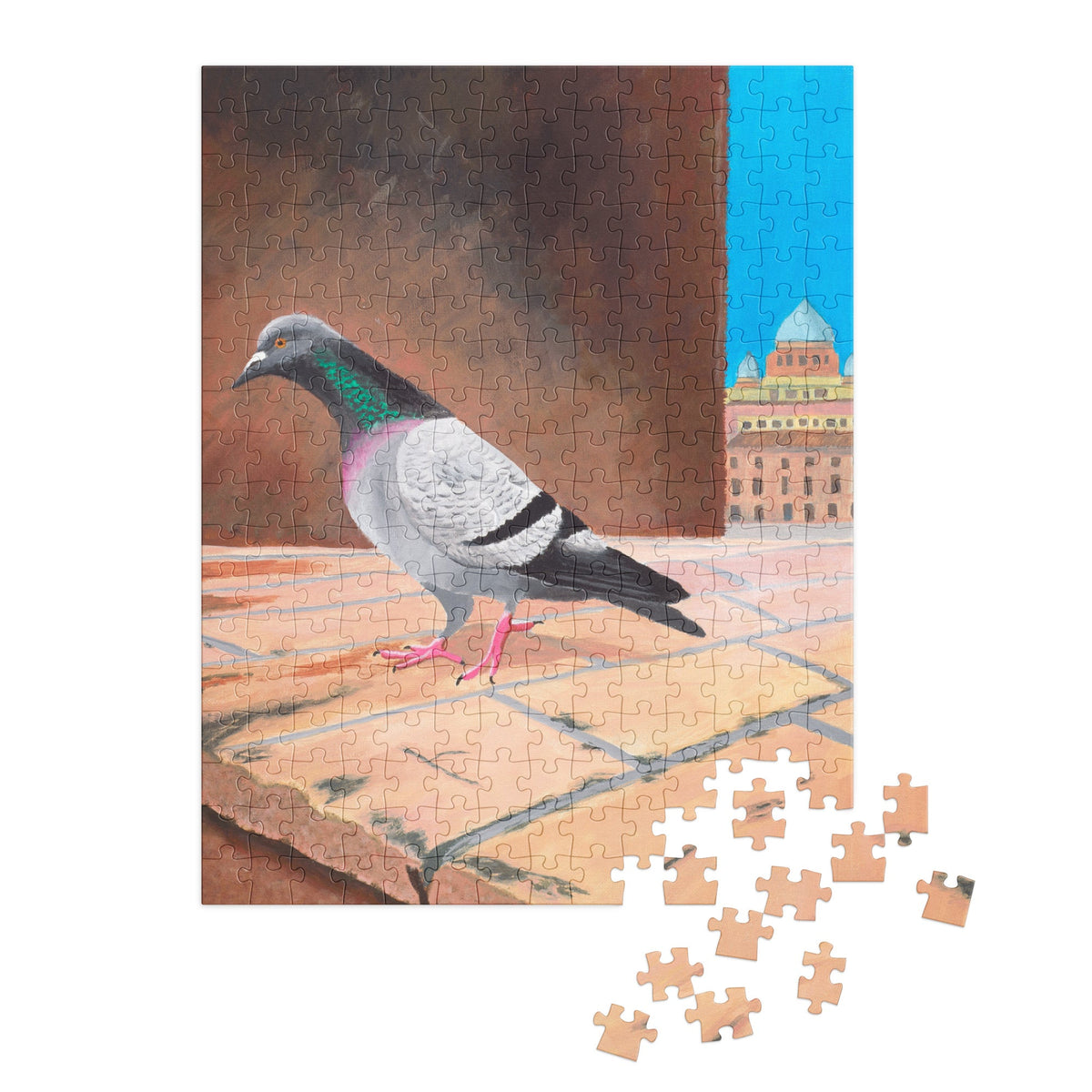 A nearly completed 252 piece jigsaw puzzle showing a pigeon perched on a wall under a blue sky, with several loose puzzle pieces floating to the upper right on a plain white background.