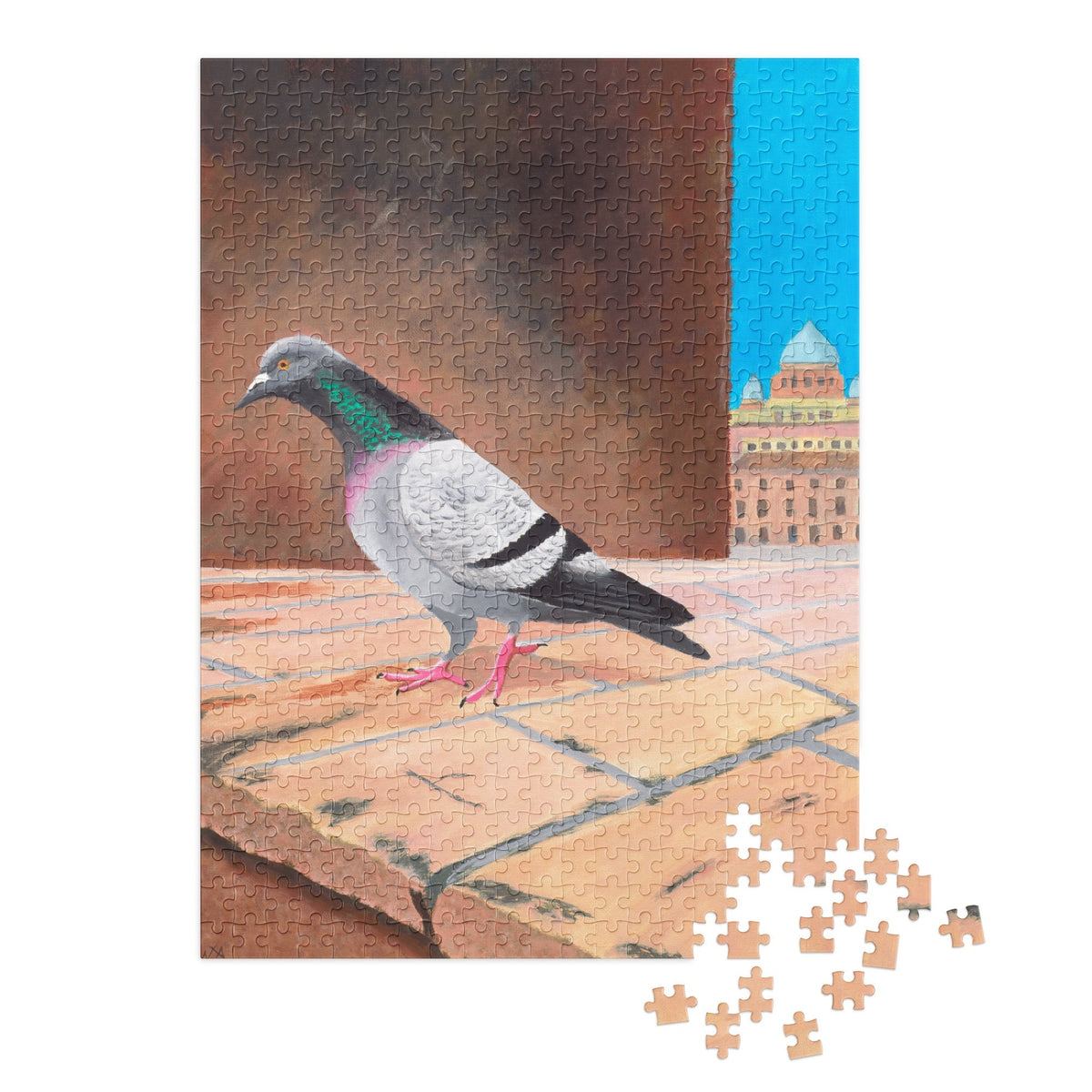 A nearly completed 500 piece jigsaw puzzle showing an artistic painting of a pigeon on a wall, displayed on a white background with a cluster of loose puzzle pieces in the upper right corner.