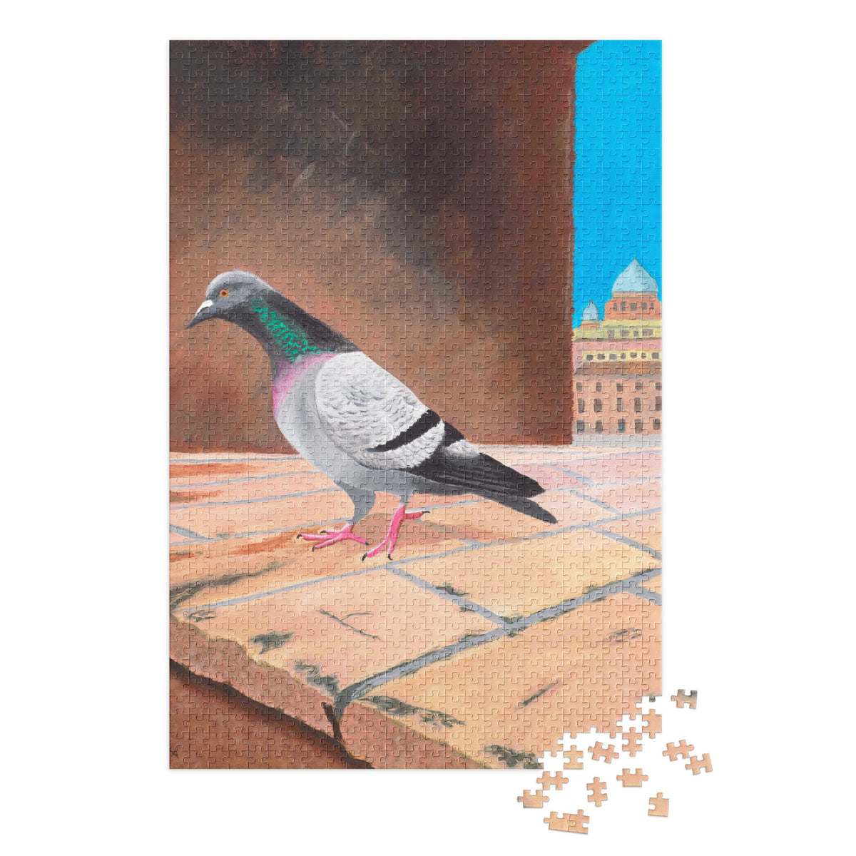 A nearly completed 1000 piece jigsaw puzzle featuring an artistic painting of a pigeon on a brick wall under a bright blue sky, shown against a white background with a few loose puzzle pieces at the top right.