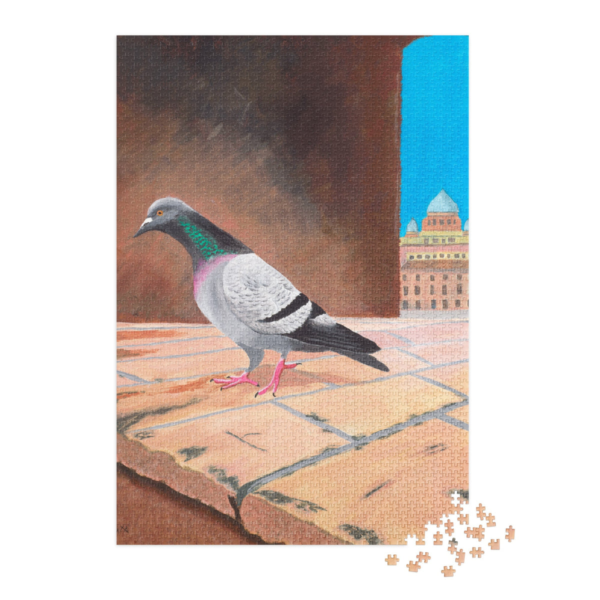 A nearly completed 2000 piece jigsaw puzzle showing a painted scene of a pigeon on a tiled wall, with a few loose puzzle pieces clustered in the top-right corner, set against a plain white background.