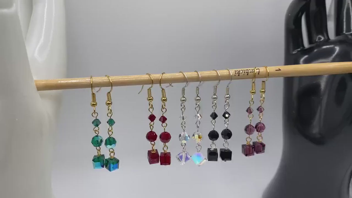 Cube Swarovski Crystal Earrings - Red, Green, Black, or Purple