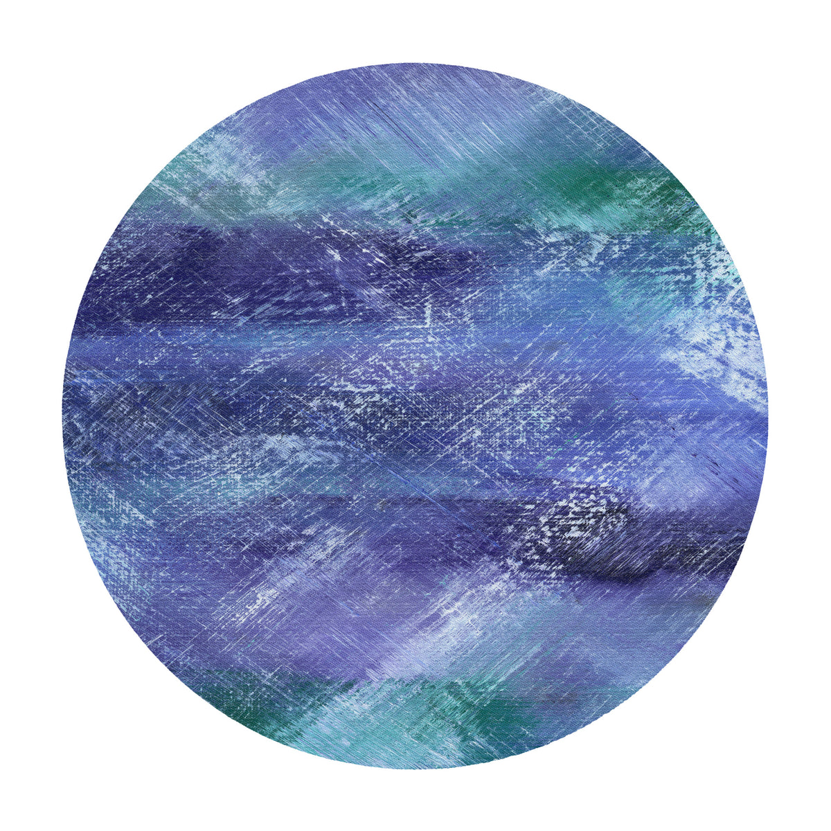 A circular mouse pad featuring textured, painterly brushstrokes in shades of purple, blue, and teal green on a white background.