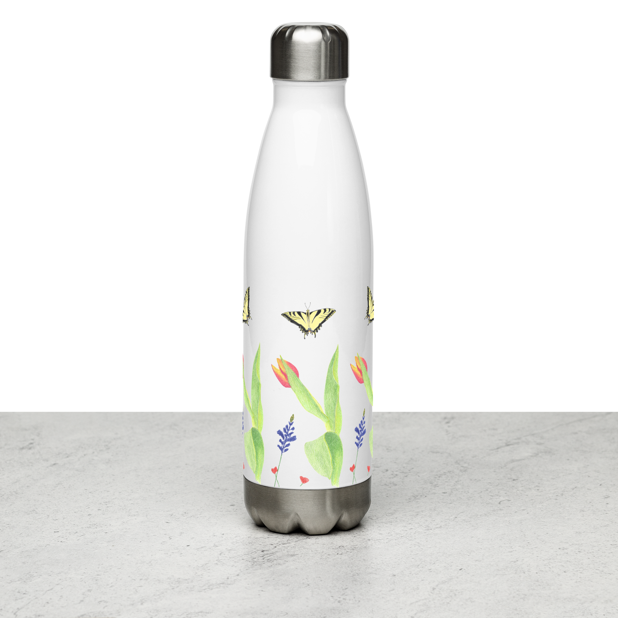 Tulips and Butterflies Stainless Steel Water Bottle